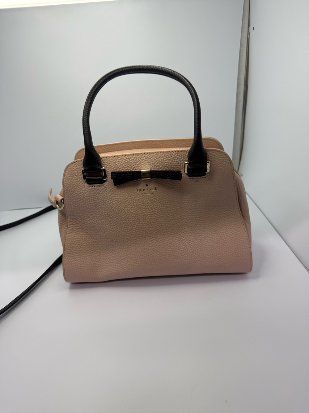 kate spade light pink Blush Pebbled Leather Satchel with Black Handles and Bow